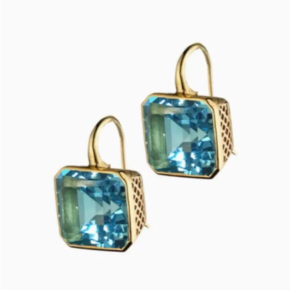 NEW Luxe 18K Gold Plated Topaz Blue Crystal Drop Earrings - Picture 2 of 6